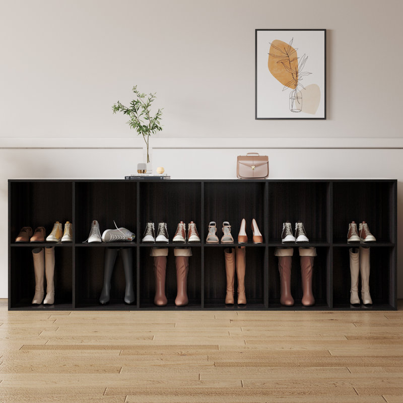 Hokku Designs Shoe Rack, 12 Compartment Open Storage Display Shoes Organizer FSSR019, Obsidian Wood