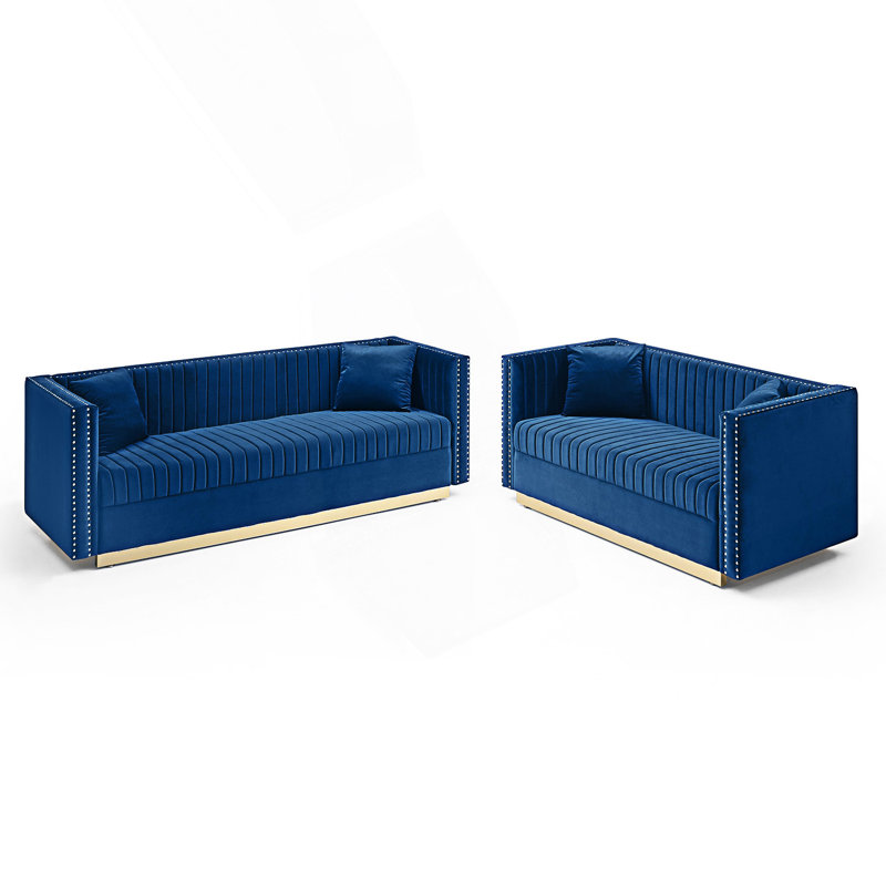 Ensemble de canapé contemporain capitonné à 2 canaux avec 4 coussins, Bleu