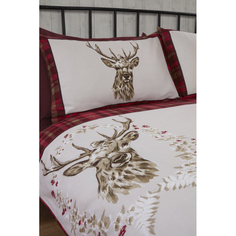 Stag & Wreath Winter Brushed Cotton Duvet Cover Set, Red, Double Duvet Cover + 2 Standard Pillowcases