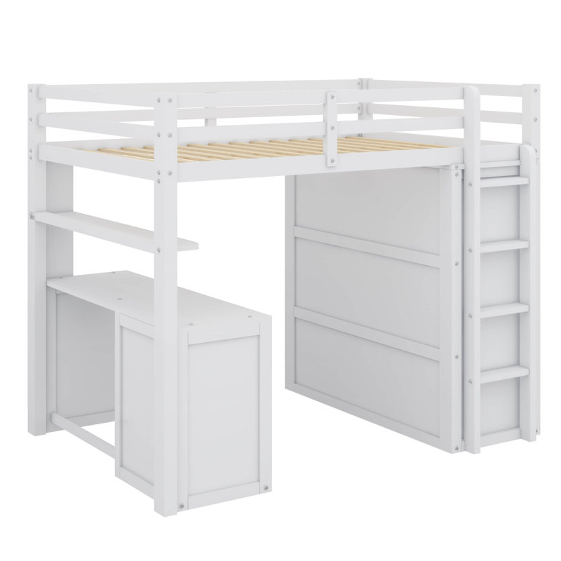 Lit mezzanine polyvalent avec tiroirs de rangement intégrés, bureau de travail spacieux et armoire de style armoire, Blanc