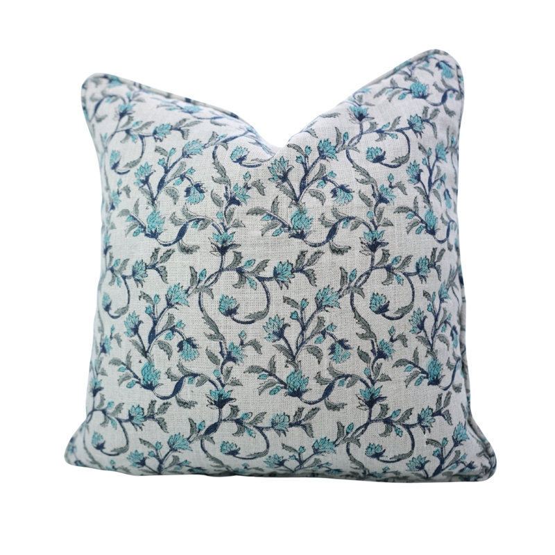 Housse de coussin en lin imprimée à la main avec passepoil fin Fab Divine - Pushp Varsha, Rectangle H 12 po x l 20 po