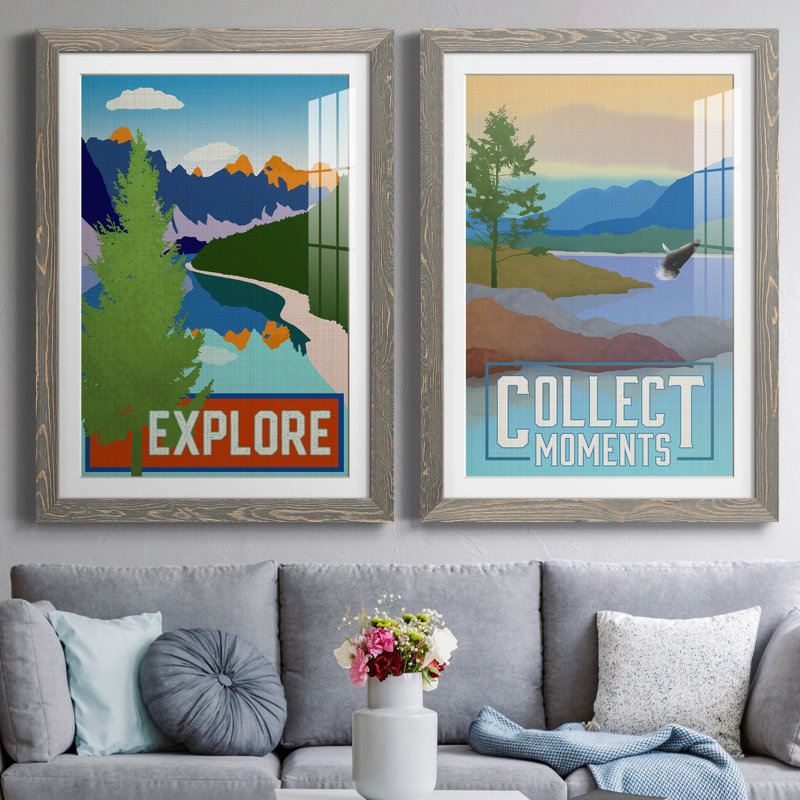 Explore - ensemble d'impressions 2 pièces, Blanc, Cadre en papier gris, H 37,5 po x l 55 po x P 1,5 po