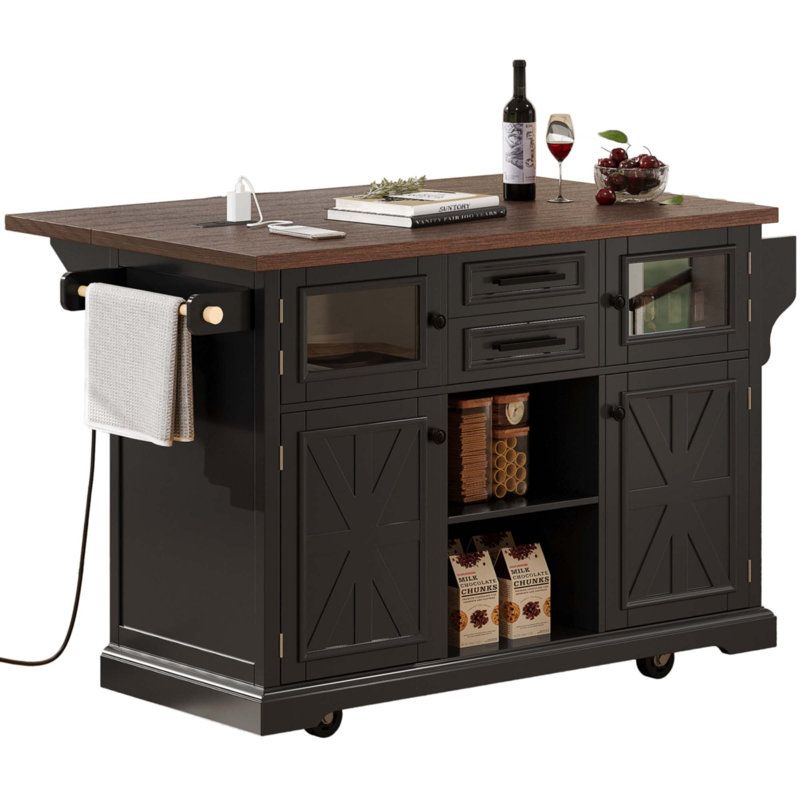 54.9" Kitchen Island With Drop Leaf, Black