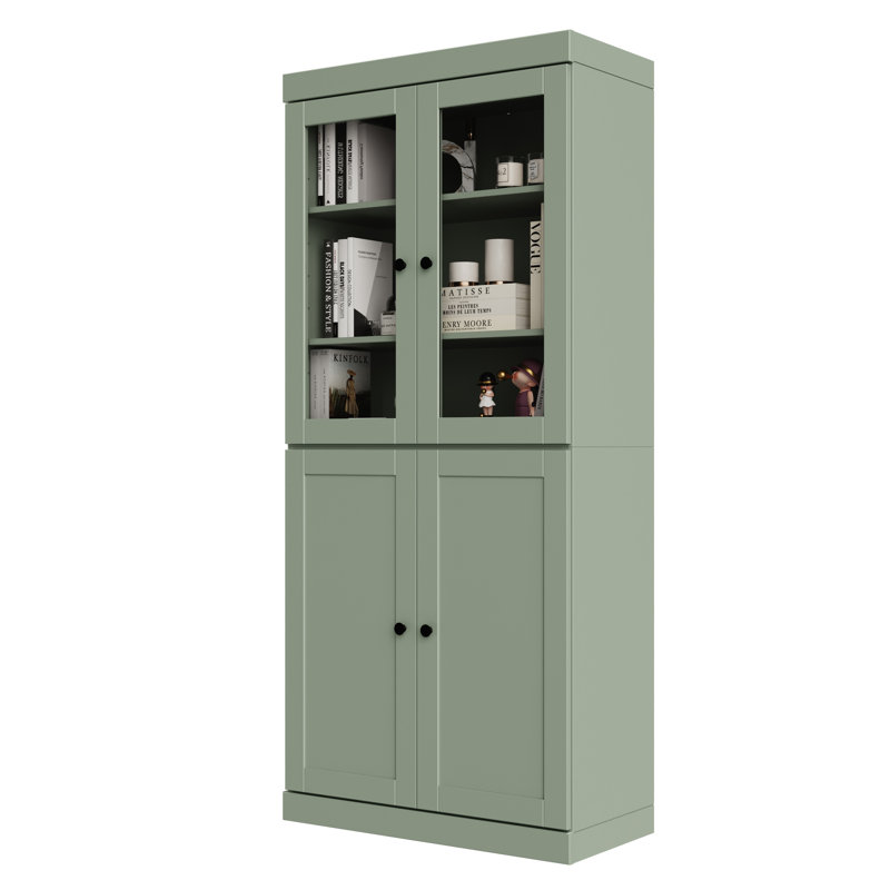 Bibliothèque 100% bois massif à 6 tablettes, portes Shaker et verre transparent, tablettes réglables, 32 po de largeur, 71,5 po de hauteur