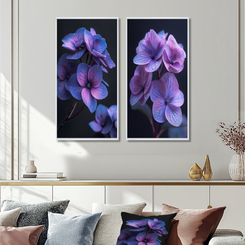 Beauté éthérée, mauve, bleu, hortensia, photo I - ensemble d'hortensias muraux 2 pièces, H 40 po x l 40 po, Blanc