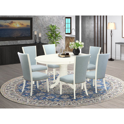 Ensemble de table de salle à manger 7 pièces moderne composé d'une table ovale en bois avec feuille papillon et 6 chaises rembourrées en tissu bleu lin, blanc lin