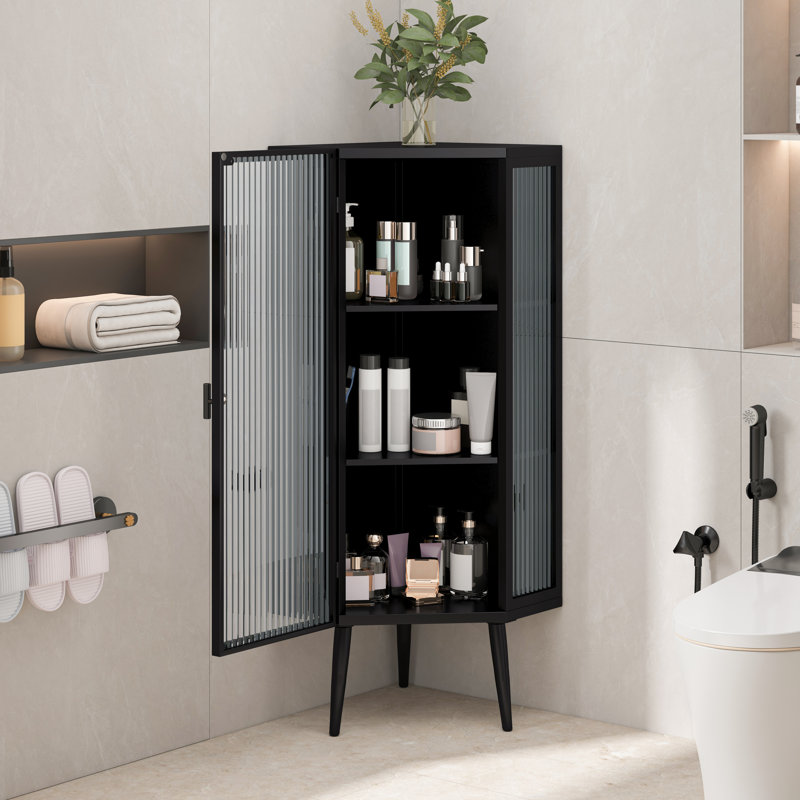 22.25'' Floor Coner Cabinet,Three Tiers With Tempered Glass Doors And Storage Shelves For Bathroom, Living Room And Bedroom (White)