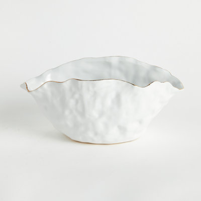 Bordure White Ceramic Wide Vase Large with Gold-Tipped Crimped Edge