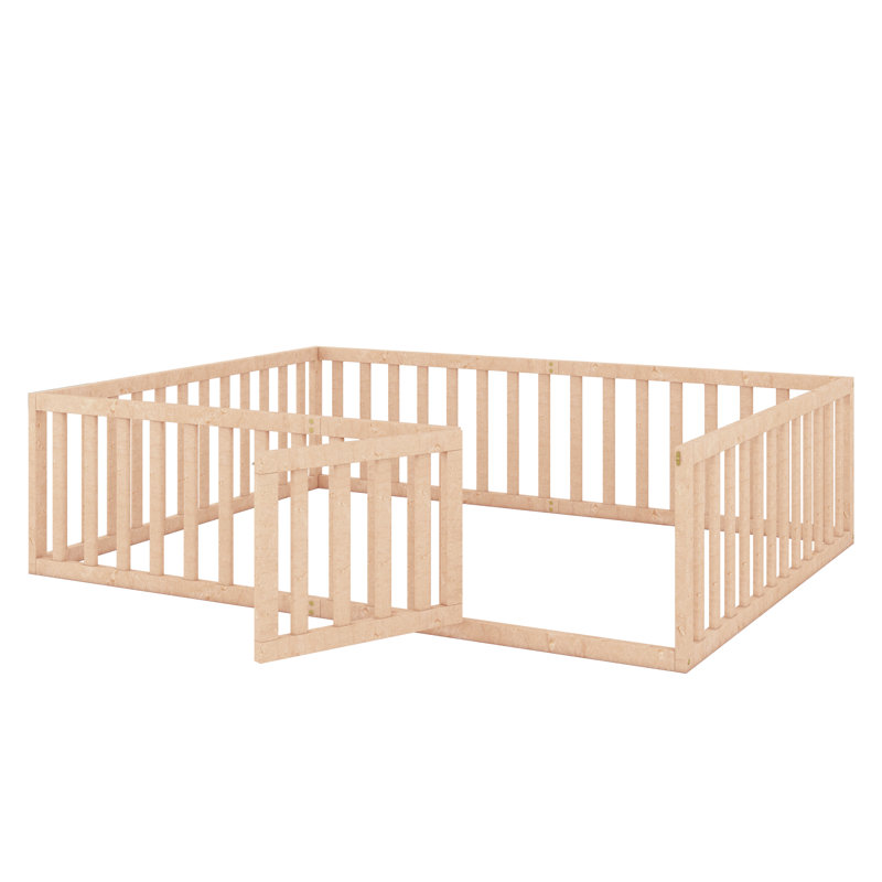 Queen Size Wood Floor Bed Frame With Fence And Door, Natural, Queen, Natural