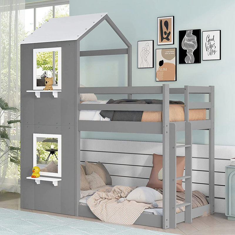 Muscotah Kids Twin Over Twin Bunk Bed, Grey
