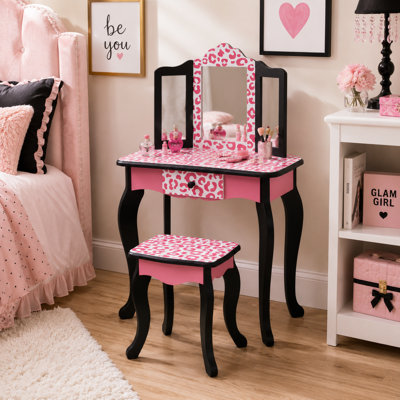 Teamson Kids Gisele Wooden Play Vanity Set with Tri-Fold Mirror, Storage Drawer, Matching Stool and Kids Makeup Table for Ages 3+