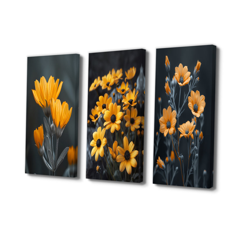 Fleurs de maïs monochromes jaunes et grises Grace I - Collection d'art mural traditionnel, Toile tendue, H 28 po x l 36 po