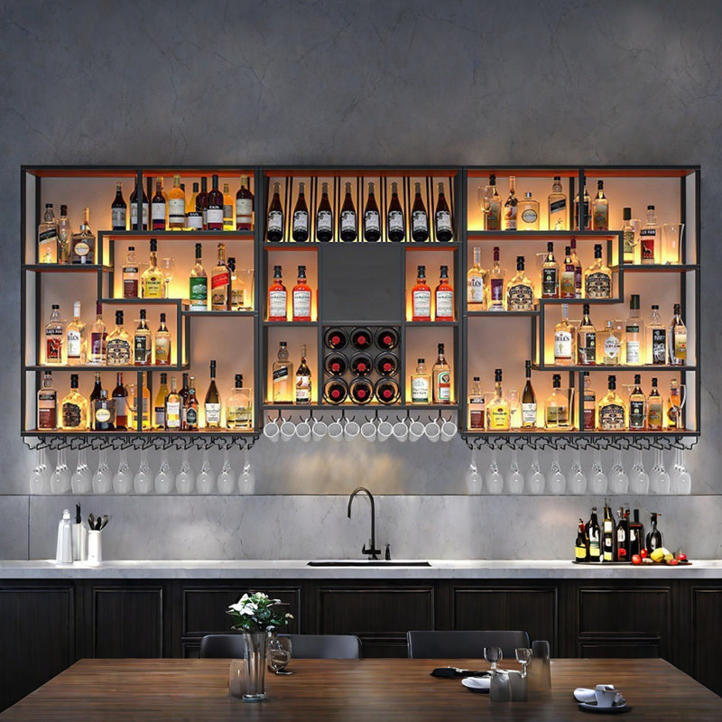 Modern Wall Mounted Iron Wine Rack, Black, 47.2" H x 118.1" W x 9.8" D