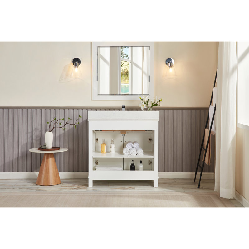 36" Solid Wood Sink Vanity With 1' Artificial Stone Top, Polished Chrome, White