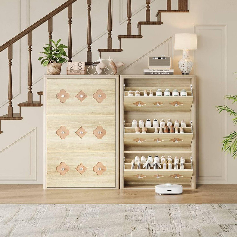 Slim Shoe Cabinet with 3 Flip Drawers & Hollow Flower Pattern, Freestanding Entryway Organizer, Natural Wood