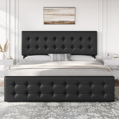 King Bed Frame With Headboard And 4 Storage Drawers, Platform Bed Frame Square Stitched Button Tufted