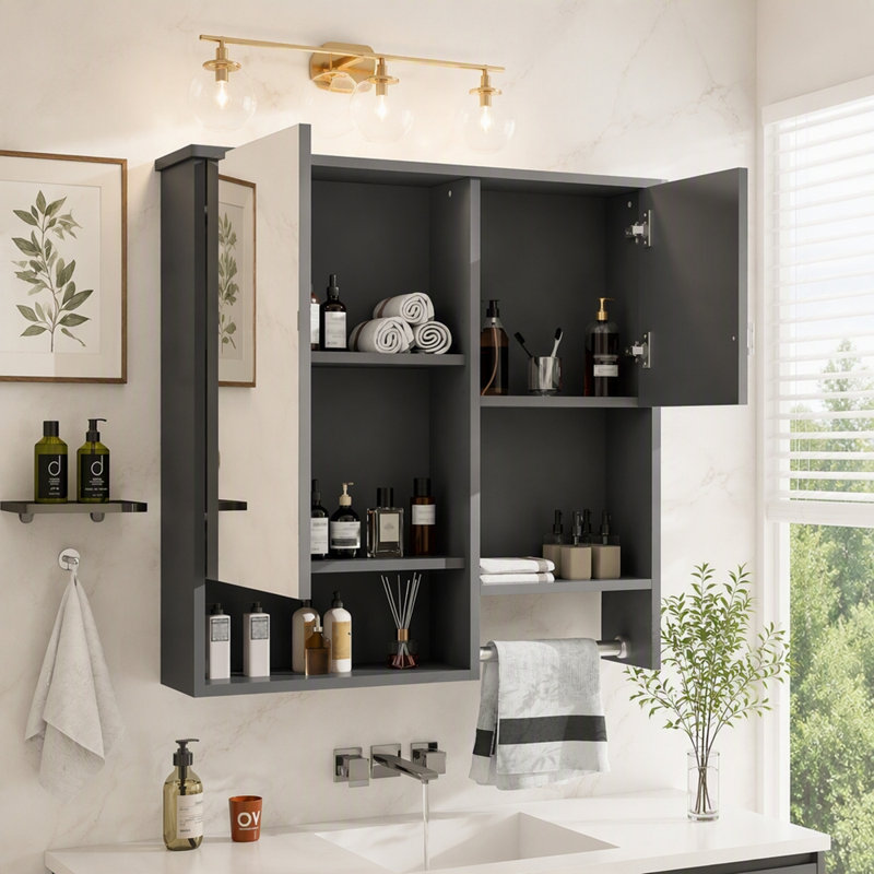 Armoire de salle de bain murale, armoire de rangement murale avec miroir et barre à serviettes