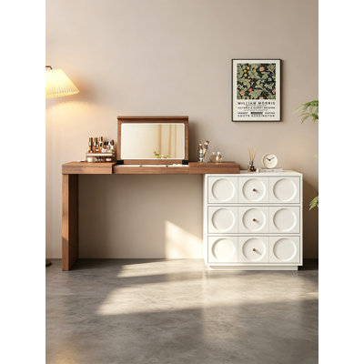 Two Tone Vanity Table With Flip Mirror And Extendable Cabinet