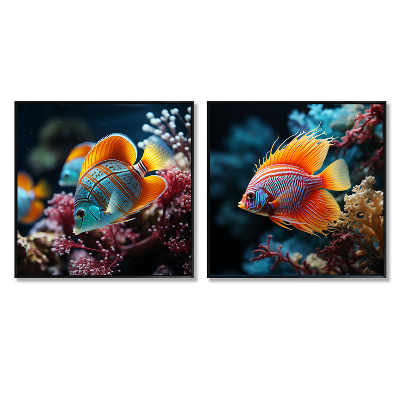 Ensemble de 2 magnifiques poissons-papillons bleus et oranges I - animaux, Cadre flottant noir, H 16 po x l 33 po