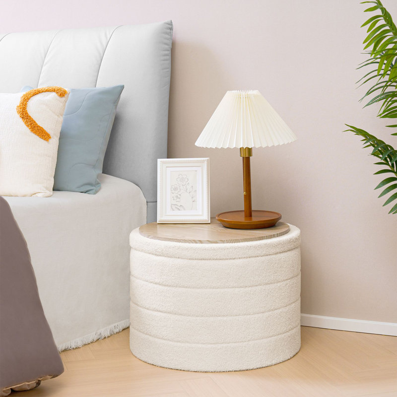 Collapsible Storage Ottoman Round with Tray Teddy Fabric Living Room Bedroom Ottoman with Storage, White