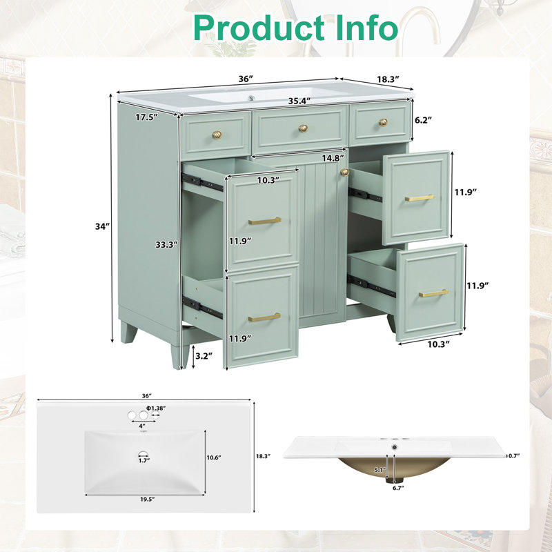 Meuble-lavabo 36 po avec lavabo en céramique, structure en bois massif, portes à fermeture en douceur, Vert