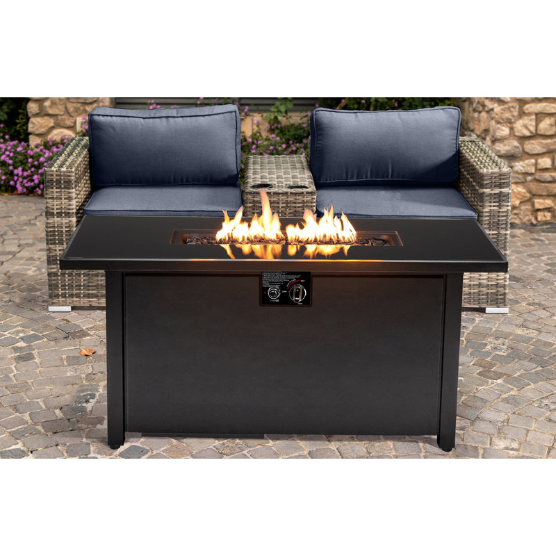 Lsi 2 Person Seating Group With  Sunbrella Cushions And Rectangle Metal Firepit, Sunbrella Navy Blue