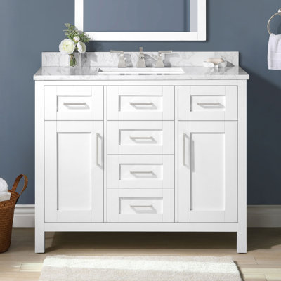 Tahoe 42 in. Pure White Freestanding Bathroom Vanity, Engineered Stone Top with Backsplash, Brushed Nickel Hardware