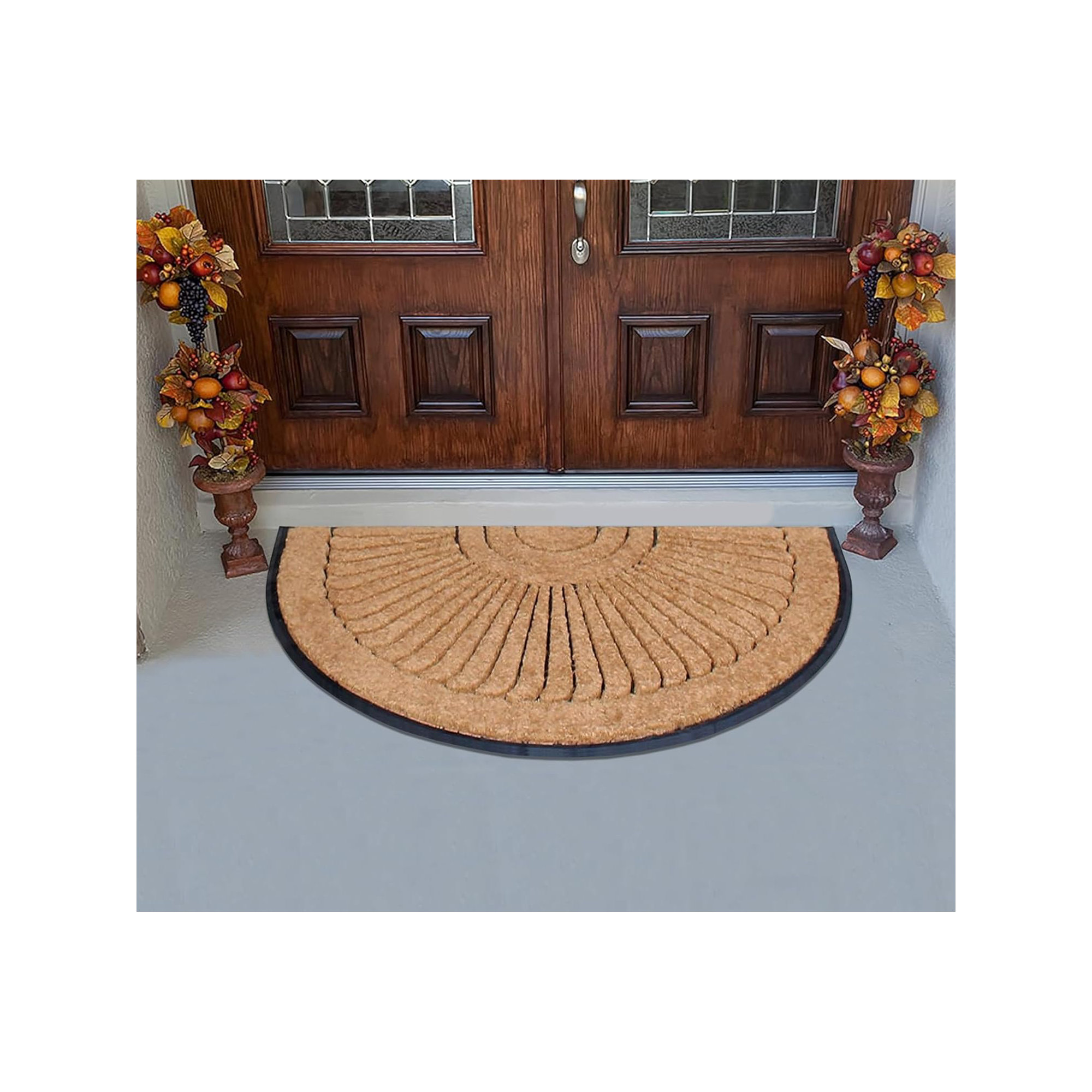  Natural Coir and Rubber Non-Slip Outdoor Sunburst Door Mat, Semi-Circle 3' x 6'