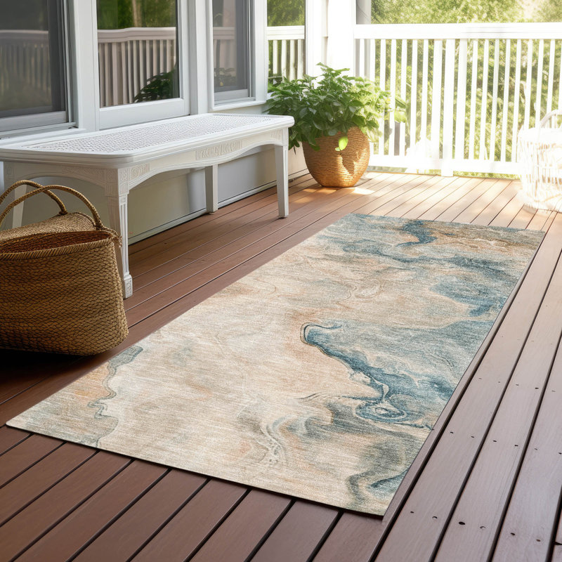 Machine Washable Indoor/Outdoor Cinead ACN1680 Teal Rug, Runner 2'3" x 7'6"