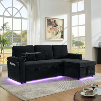 Modern Multi - Functional Black Chenille Bed With Pull Out Bed, Led Lighting, Ports, Cup Holders And A Retractable Watch Making Table, Good For Watchmakers Accent Charging, Origami Paper Artists