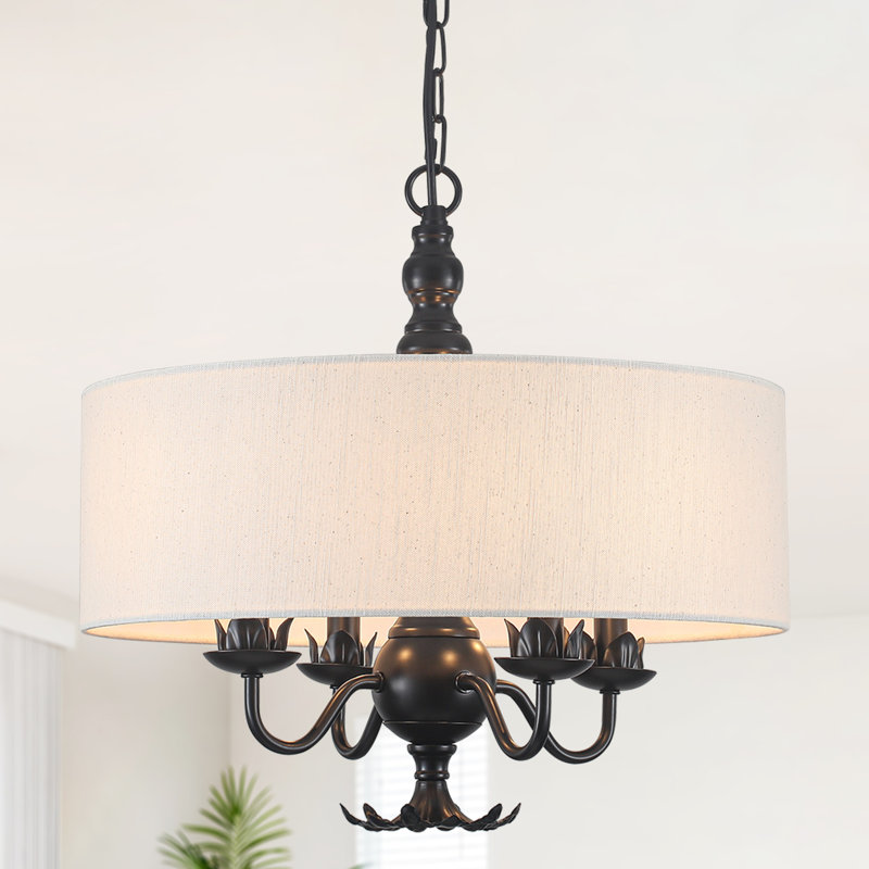 4-Light Modern Black Drum Chandeliers with Linen Shade