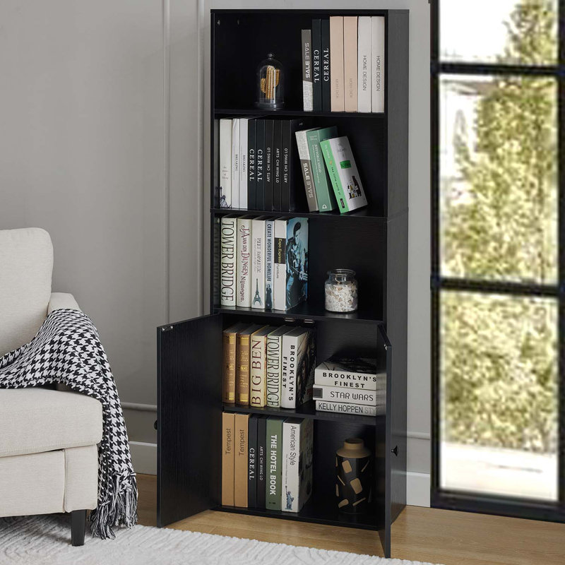 4-Tier Bookshelf With Door - Wooden Storage Bookcase, Display Cabinet For Home & Office, Black, Black