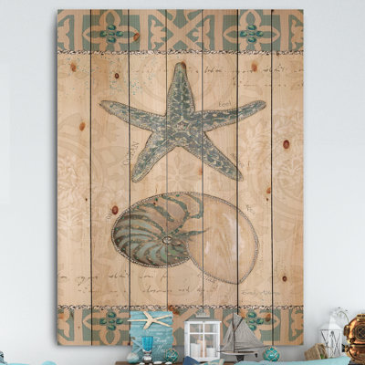 Seastar and Blue Sea Shell I - Nautical & Coastal Print on Natural Pine Wood -  East Urban Home, 8688C047F5734F62B2B7683F52EC1A4B