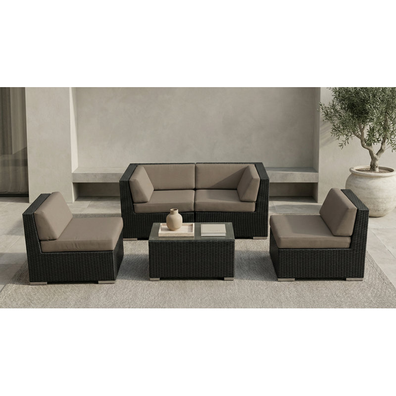 Ensemble de conversation en osier pour 4 personnes avec coussins Billyjo Wicker, Noir, Toile taupe Sunbrella®