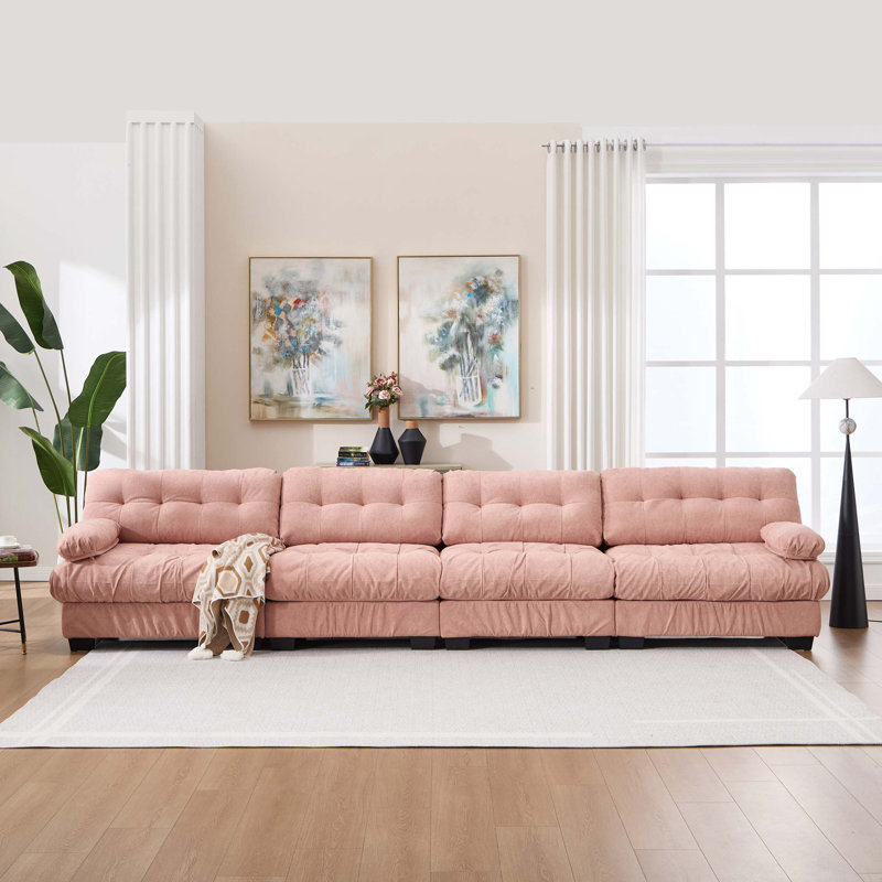 Canapé modulaire avec sièges profonds et accoudoirs ronds, Tissu rose, H 35 po x l 158 po x P 35 po, Symétrique