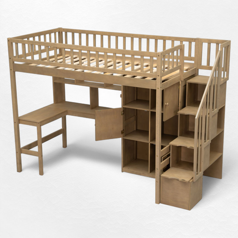 Lit mezzanine simple avec bureau intégré et escalier de rangement, Naturel