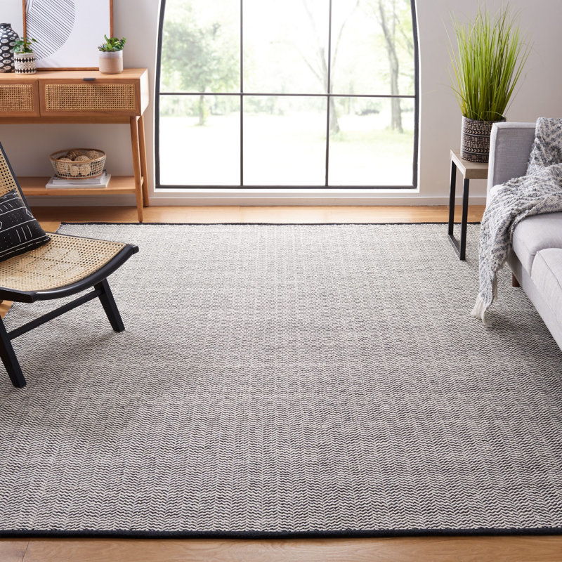 Vermont Hand Woven Cotton/Wool Geometric Rug in Black/Ivory, Rectangle 8' x 10'