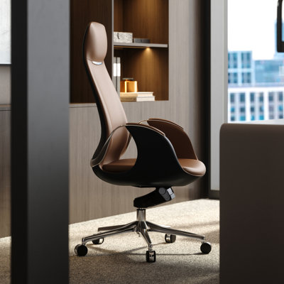 Top Grain Genuine Leather Executive Office Chair Brown, Luxury Office Chair with Aluminum Sturdy Base, High Back Ergonomic Boss Chair for Long Hours, Reclining and Rolling smoothly, (Brown)