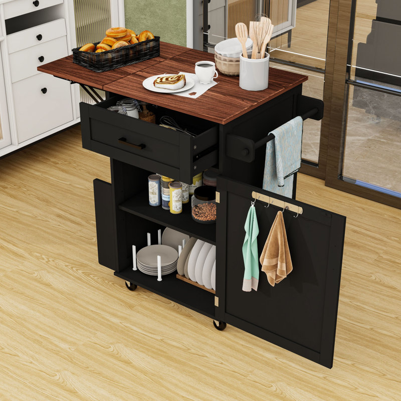 Farmhouse Mobile Kitchen Cart with Drop Leaf, Towel Rack and Lockable Wheels, Black