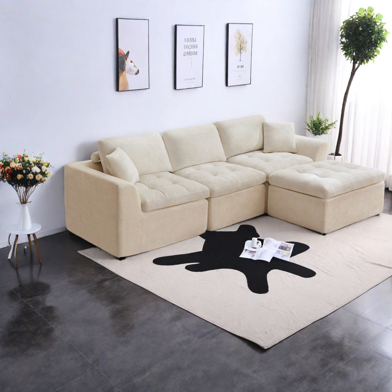 Multifunctional Chenille Sofas, Spacious L-shape With Movable Ottoman For Home