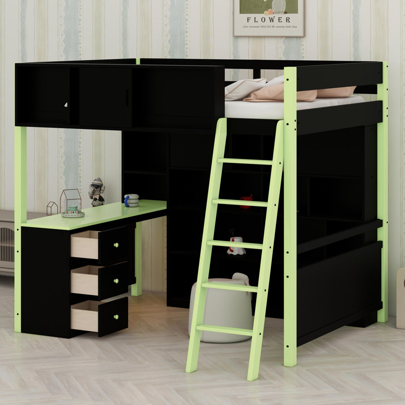 Lit mezzanine en bois avec bureau, Vert