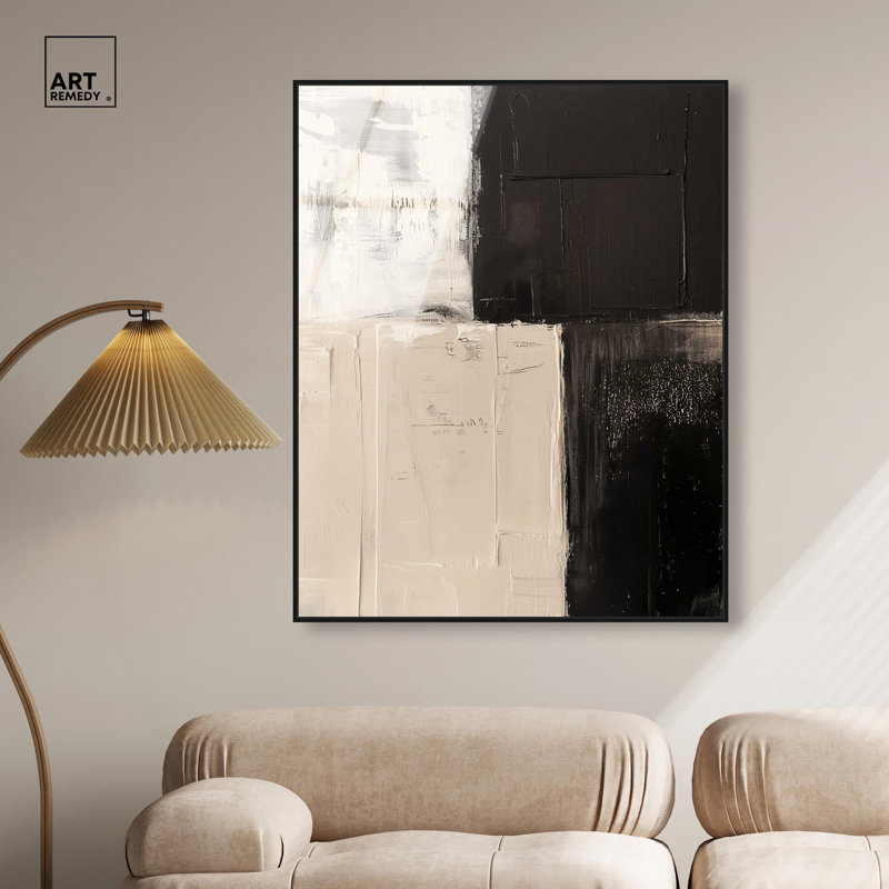 «Chequered», art mural en verre acrylique ultrabrillant encadré de formes abstraites par Art Remedy, cadre noir, 36 x 45