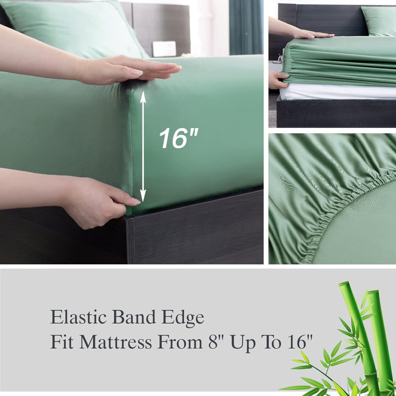 100% Rayon from Bamboo Sheet Set, 16" Deep Pocket Cooling Silky Soft Bed Sheets, Green, Twin Sheet Set with 1 Pillowcase