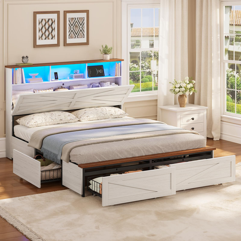 Wood Full Bed Frame with 6 Drawers and Spacious Storage Headboard Farmhouse LED Metal Platform Bed with Charging Station No Boxing Need