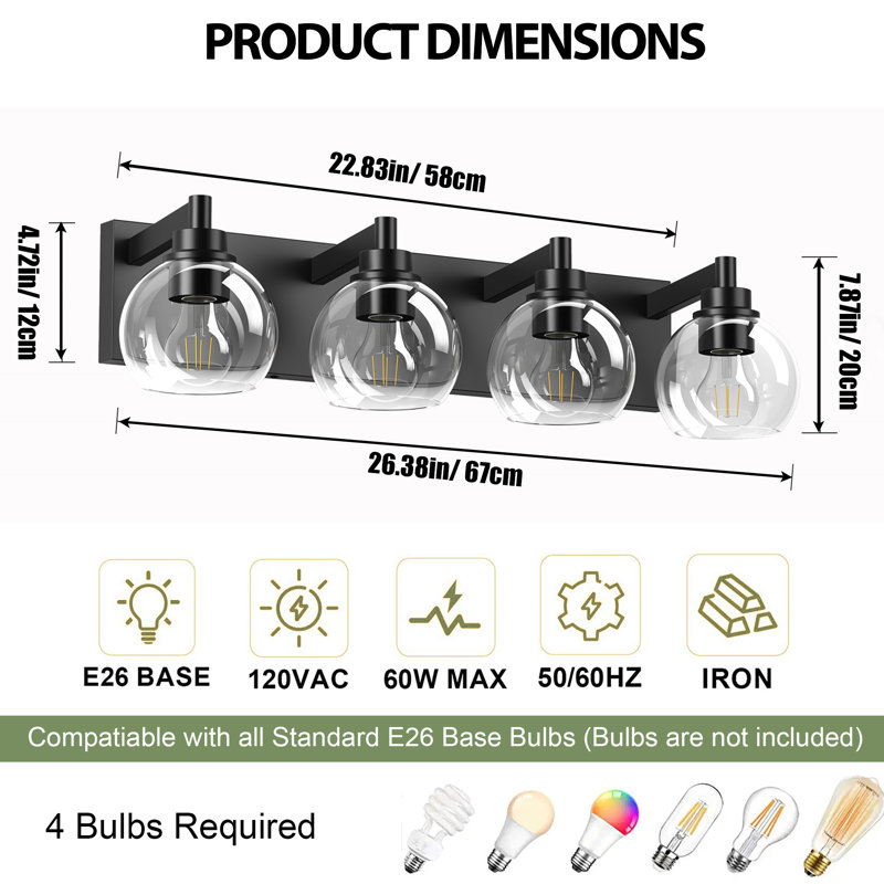 Éclairage pour meuble-lavabo noir mat avec abat-jour en verre transparent, douille E26, 4 Lights