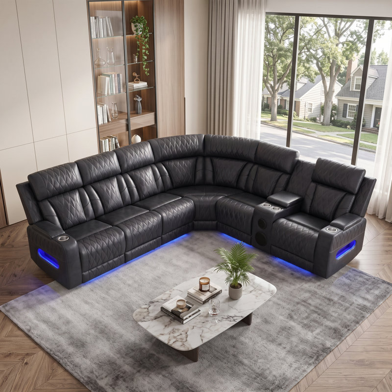Ensemble de canapé inclinable électrique moderne en cuir véritable avec Bluetooth, Blue+Blueteeth, 6 sièges