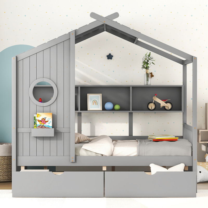Lit maison, Gris, Lit double