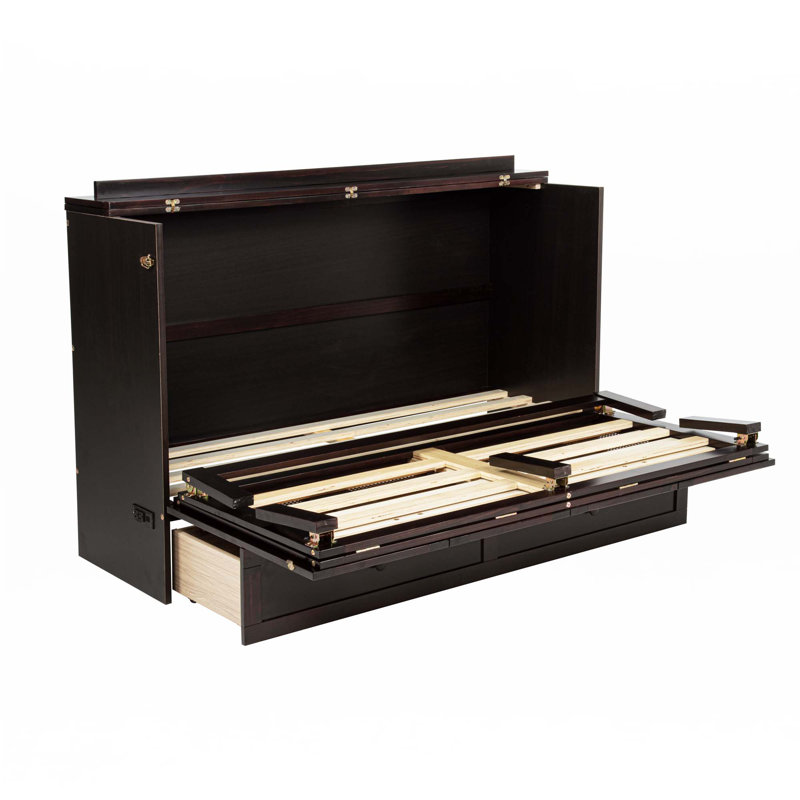 Grand lit escamotable, armoire-lit en bois de pin avec centrale électrique et panneau de décoration en rotin, Espresso