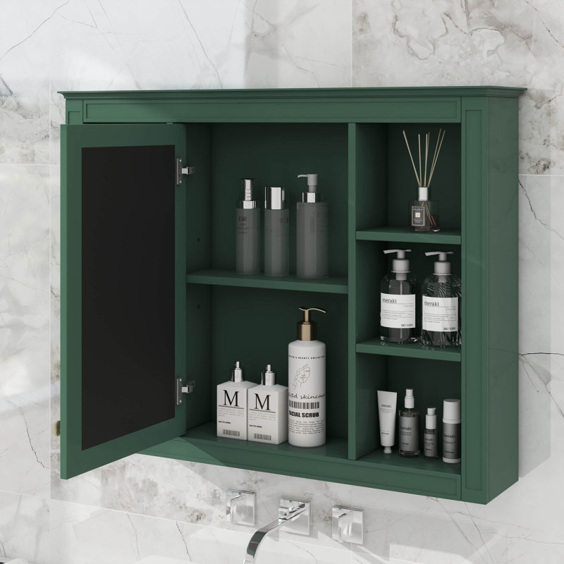 Armoire à pharmacie murale 35 po x 27,5 po avec miroir et 6 tablettes ouvertes, Vert