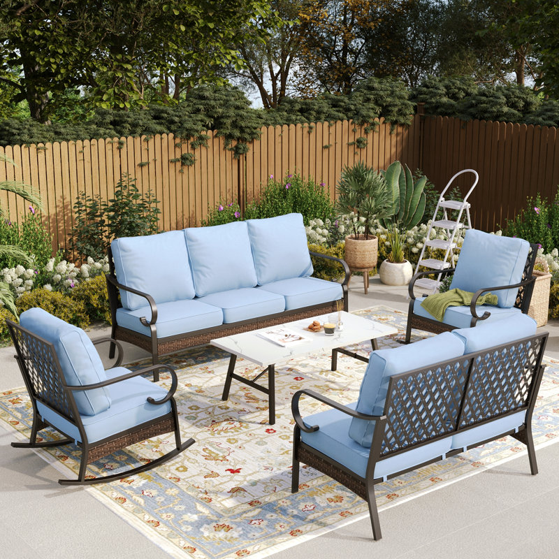 7-Person Outdoor Conversation Set With Loveseat & Rocking Lounge Chairs, Blue